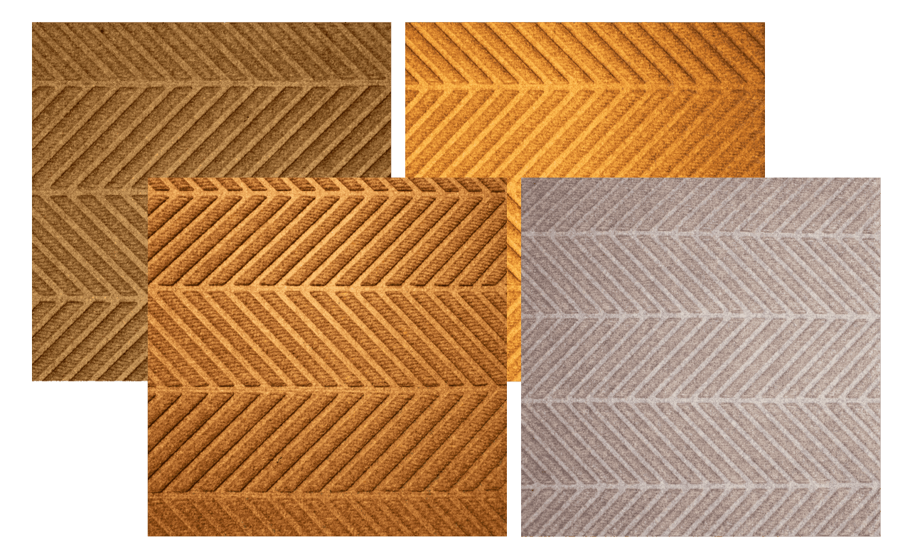 WaterHog doormats in different lighting conditions, showing variations in color and texture with a herringbone pattern.