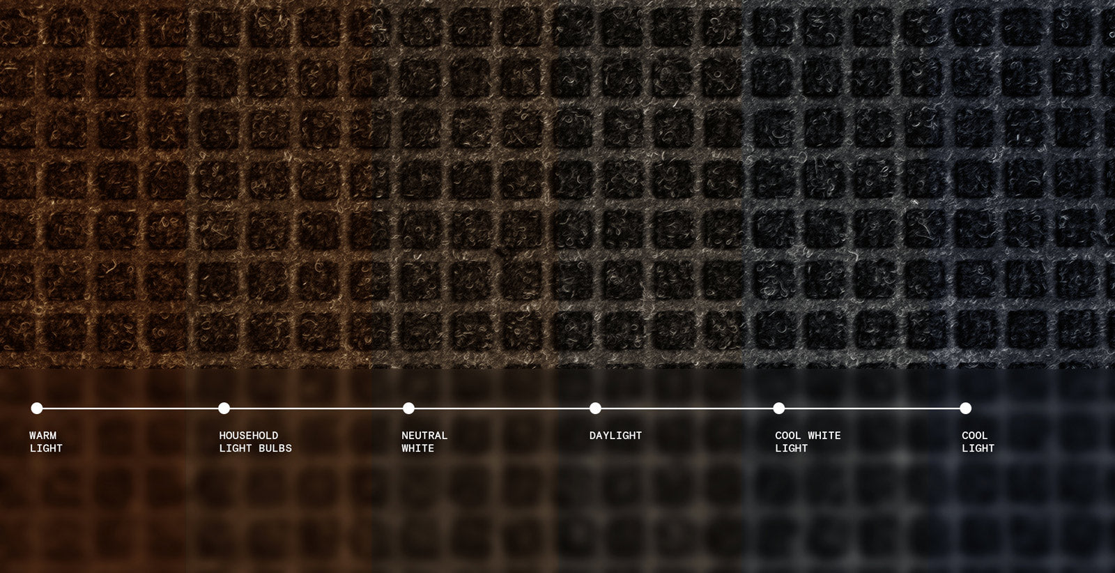 a info graphic f a colourguide showcasing how the Charcoal WaterHog mats can change color in diffrent lighting .