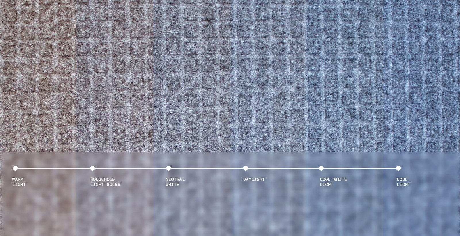 a info graphic f a colourguide showcasing how the Grey WaterHog mats can change color in diffrent lighting .
